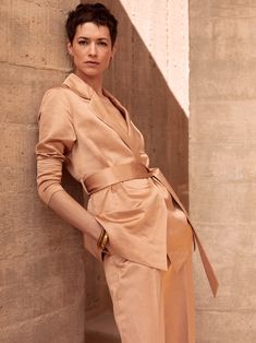 Brigitte Satin Blazer | Banana Republic Elegant Evening Belted Blazer, Elegant Evening Blazer With Belt, Elegant Linen Pantsuit For Formal Occasions, Elegant Linen Pantsuit For Formal Events, Chic Tailored Linen Pantsuit, Elegant Belted Blazer, Chic Silk Outerwear With Notch Lapel, Elegant Tailored Linen Pantsuit, Sleek Silk Blazer For Spring