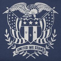 the united we stand emblem is shown on a blue t - shirt with white stars and an eagle