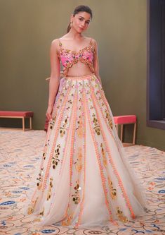 Papa Don'T Preach By Shubhika-Off-White Embellished Lehenga Set-INDIASPOPUP.COM Pink Indian Outfit, Tulle Lehenga, Embellished Lehenga, Papa Don't Preach, Haldi Dress, Diwali Dresses, Embroidered Apparel, Diwali Outfits, Mehendi Outfits