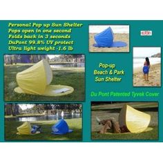 an advertisement for a beach tent with pictures of it and instructions on how to set up it