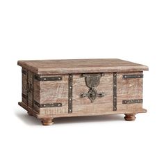 an old wooden chest with metal handles and latches on the front, sitting on a white background