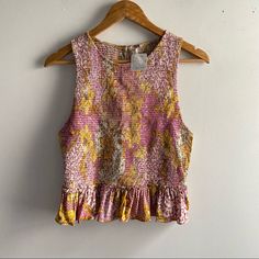 Cute Little Spring/Summer Top. Ruching Throughout, Pink & Yellow! Crochet High Neck, Ribbed Crochet, Ruffle Tank Top, Halter Tank Top, Pink Tank, Black Laces, Black Rib, Summer Top, Yellow Floral