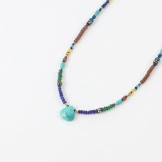 Turquoise, Lapis, and Jade necklace in Sterling Silver Artisan Sterling Silver Turquoise Beaded Necklace, Bohemian Blue Czech Glass Necklaces, Vintage Turquoise Jewelry With Colorful Beads, Turquoise Sterling Silver Spiritual Beaded Necklace, Spiritual Turquoise Beaded Necklace In Sterling Silver, Spiritual Turquoise Sterling Silver Beaded Necklaces, Handmade Czech Glass Necklace With Round Pendant, Handmade Czech Glass Round Pendant Necklace, Adjustable Turquoise Stone Necklace