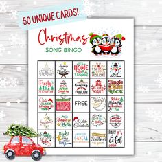 the christmas song bingo game is on display next to a red car and snowflakes