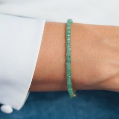 Stunning AAAA+ genuine zambian emeralds - untreated, undyed. Zambian emeralds are highly desirable because of their clarity and unique colour, they remain a lot more affordable than Colombian stones.  One of a kind, you are purchasing the exact bracelet in the photos Emerald: A stone of wisdom, love, and great harmony D E T A I L S △ Handmade in Canada △ Natural Zambian Emerald 2.5-3mm △ Faceted cut, rondel shape △ 14K gold filled accent clasp and extender △ Gemstones are 100% genuine  L E N G T Emerald Bracelets For May Birthstone, Green Emerald Bracelet For May Birthstone, May Birthstone Bracelets With Faceted Beads As Gift, Faceted Beads Bracelet For May Birthstone Gift, Faceted Beads Bracelets As May Birthstone Gift, Dainty Green Everyday Bracelets, Dainty Green Bracelets For Everyday, Emerald Bracelets For Anniversary, May Birthstone, Dainty Bracelets With May Birthstone For Everyday