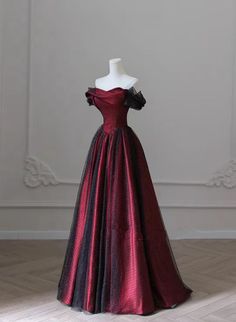 Black and Wine Red V-neckline Long Party Dress, Tulle Evening Dress wi – Cutedressy Dark Red And Black Dress Long Elegant, Red Gothic Prom Dress, Gothic Red Evening Dress, Dark Red Gothic Prom Dress, Black And Red Prom Dress Gothic, Banquet Outfit, Prom Dresses Off The Shoulder, Party Dresses, Ball Gowns Evening