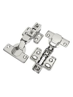 two chrome steel cabinet door hinges with one latch and the other side open