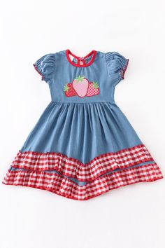 Strawberry Gingham Plaid Denim Dress – ARIA KIDS Strawberry Applique, Peach Hoodie, Ruffle Layered Dress, Berry Dress, Pretty Little Dress, Red And White Gingham, Strawberry Dress, Layered Dress, Dress Drawing