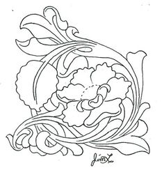 a black and white drawing of a flower with swirly leaves on it's side