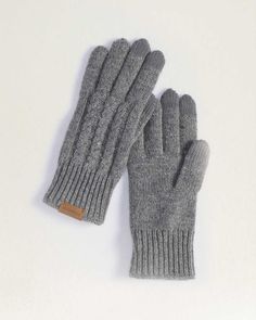 Soft, warm, wool-knit gloves in a classic cabled pattern, with metal fibers at the fingertips for touch-screen accessibility. 60% lambswool/20% nylon/20% recycled wool; fingertips are 85% acrylic/15% metal fibers. Imported. | CABLE KNIT TEXTING GLOVE Knit Wool Mittens, Merino Wool And Cashmere Socks Gray, Kayak Stand, Map Bag, Grey Mittens, Tailgate Gear, Texting Gloves, Novelty Candles, Winter Apparel