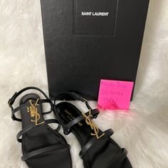 This Sandals Have A Logo . It’s Beautiful But Little Bigger With Me . New With Box . Black Low Heel Sandals With Branded Insole, Luxury Black Low Heel Sandals, Designer Black Low Heel Sandals, Designer Black Sandals With Low Heel, Saint Laurent Sandals, Denim Mules, Ankle Wrap Heels, Ysl Sandals, Glitter Sandals