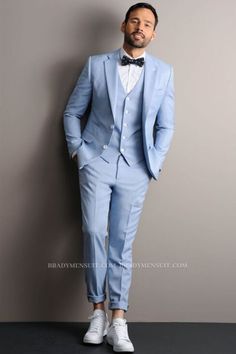 Blue Tuxedo Style Three-piece Suit For Wedding, Tailored Blue Tuxedo For Wedding, Blue Three-piece Wedding Suit In Suiting Fabric, Blue Three-piece Wedding Suit, Blue Slim Fit Tuxedo For Wedding, Blue Wedding Blazer In Suiting Fabric, Blue Party Suit, Blue Single Button Tuxedo For Groom, Blue Single-button Tuxedo For Groom