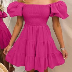 Nwt Boho Tiered Style Dress. Can Be Worn On Or Off Shoulder. Dressed Up Or Down, So Cute! Flowy Mini Dress, Hot Pink Dresses, Boho Style Dresses, Grad Dresses, Mini Dress Casual, Short Mini Dress, Boho Summer, Tiered Dress, Stunning Dresses