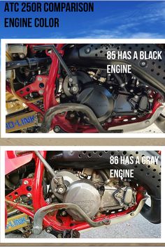 an image of a red motorcycle engine and its parts labeled atc 250r comparison