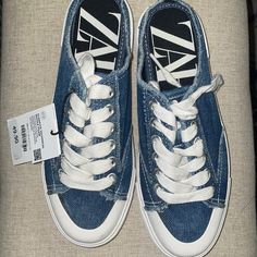 Nwt Denim Sneaker Shoes Slides Slight Stain On The Front Of The Left Shoes (As Seen In Pic) Even Though Never Worn Zara Mules, Oxford Platform Shoes, White Leather Boots, Shoes Slides, Zara Sandals, Leather Knee Boots, Black Chunky Heels, Zara Heels, Denim Sneakers