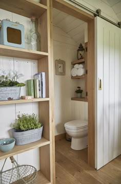 an open door leading to a bathroom with shelves filled with potted plants and books