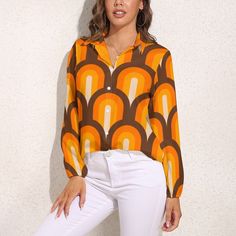 Groovy Blouse, 60s 70s Style Shirt, Women's 70s Inspired Top, Hippie Top, Women's 70s Style Blouse, Mod Orange Top, Groovy Top Women, Geometric Top Designed in California, Made to order overseas I designed this for women who loves the 60s 70s era! A truly unique retro top style find with geometric orange and brown curvy pattern print. Fun for any 70s parties or retro party. It's got a straight collar neckline with front button enclosure. Long balloon sleeves. Relaxed fitting with light weight po Casual Blouse For Spring Vintage Fashion, Casual Blouse For Vintage Fashion In Spring, Retro Tops With Vintage Pattern For Spring, Retro Printed Collared Top, Casual Long Sleeve Tops For Vintage Fashion, Casual Long Sleeve Vintage Fashion Tops, Vintage Fashion Summer Long Sleeve Blouse, Retro Long Sleeve Blouse For Vintage Fashion, Summer Vintage Fashion Long Sleeve Blouse