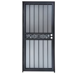 an iron door with glass panels and decorative designs on the side panel, isolated against a white background