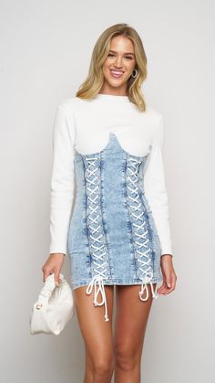 Product Details : Denim Knit White Mini Dress Longsleeve Corset Style Dress High Neckline 83114 SET62 Corset Style Dresses, White Dress Top, Jumpsuit And Blazer, Denim Corset, Usa Outfit, Corset Style, Floral Midi Dress, High Neckline, Blazer Dress