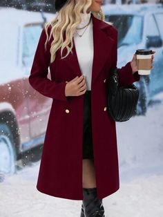 Woolen Coat, Mid Length, Solid Color, Color