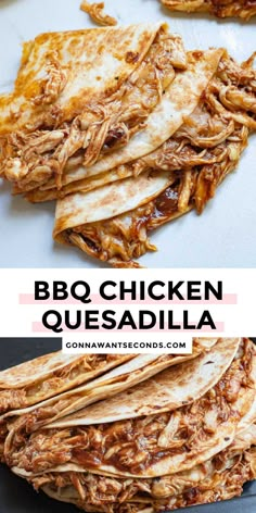 bbq chicken quesadilla on a white plate with the title above it