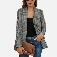 New Basic Work Blazer Jacket For Women, Featuring Classic Herringbone Plaid Pattern Open Front Design. Solid Colors: Grey/Black Long Sleeves. Stand Collar. 2 Side Entry Hand Pockets For Convenience. Made Of Soft Fabric. It Is Not Thick. Perfect To Match With Jeans, Leggings, Light Sweater Or Shirt As Base Layer For A Professional Look. This Long Trench Coat Is Suitable For Daily Wear, Office Work, Street Wear, Party, Travel, Dating Etc. Recommend Hand Wash Or Dry Clean. Do Not Bleach. Size Xl Pi Black Velvet Shirt, Blue Puffer Jacket, Black Faux Fur Coat, Open Blazer, Work Blazer, Blazer Jackets For Women, Shearling Vest, Houndstooth Jacket, Long Trench