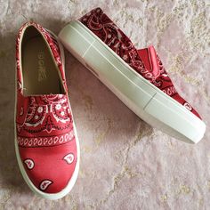 Nwot* Brand New Without Tags Size: 6.5 Brand: See Pic Color: Red Satin And White Shoes | Red Bandana Print Sneakers Condition: Brand New Without Tags, In Excellent Condition. Bought But Never Worn. No Visible Rips/Stains/Holes Or Scuffs * No Trades * Bundle And Save * Message Me With Any Questions * Please Review Pics/Video Carefully Smoke Free Dog Friendly Home Red Slip-on Canvas Shoes For Spring, Casual Canvas Shoes With Red Sole And Round Toe, Trendy Red Sneakers For Spring, Casual Red Sneakers For Spring, Red Lace-up Canvas Shoes For Summer, Red Slip-on Sneakers With Round Toe, Trendy Red Slip-on Canvas Shoes, Trendy Slip-on Platform Canvas Shoes, Red Round Toe Sneakers For Spring