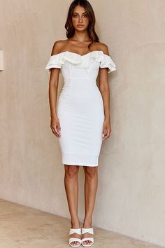 Shop the Rossi Ruffled Off The Shoulder Bodycon Dress White | Selfie Leslie Elegant Mini Length Midi Dress For Date Night, Formal Sheath Bandage Dress, Elegant Summer Bodycon Dress For Date Night, Glamorous Knee-length Bodycon Formal Dress, Elegant Bodycon Dress For Summer Date Night, Bodycon Ruffled Midi Dress For Date Night, Spring Formal Flirty Midi Dress, Ruffled Bodycon Midi Mini Dress, Elegant Sheath Bandage Dress