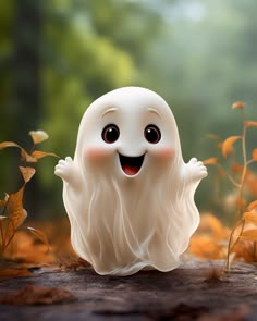 a white ghost sitting on top of a leaf covered ground