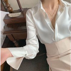 #ad Premium Long Sleeve Satin Shirt Design V-neck Silk Acetate White Shirt Women Spring Tops, Women's Top Satin Blouse Long Sleeve, Pink Satin Blouse, Satin Bluse, Straight Clothes, White Collared Shirt, Women Shirt Top, Satin Blouses, Tops Casual, Sleeve Women