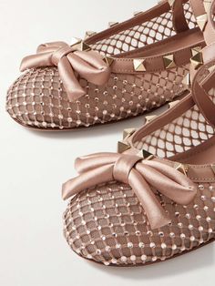 VALENTINO GARAVANI Rockstud leather and satin-trimmed crystal-embellished tulle ballet flats | NET-A-PORTER Valentino Ballet Flats, Luxury Elegant Ballet Flats With Crystal Embellishments, Chic Studded Ballet Flats, Luxury Crystal-embellished Ballet Flats For Party, Valentino Rockstud Ballerina, Valentino Garavani Rockstud Pumps, Valentino Flats, Pink Ballet Flats, Satin Ballet Flats