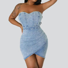 Introducing the Tulip Strapless Denim Dress from the 2023 Summer Collection ââ‚?the perfect blend of vintage trend and modern sophistication!Why You'll Love It: Vintage-Inspired Style: This timeless piece was designed to capture the spirit of classic fashion and reimagined with a modern. contemporary twist. Strapless Design: With a sleek. off-shoulder silhouette. this dress is sure to make a statement. Zipper Closure: A resilient zipper ensures this dress is comfortable and secure. Premium Denim Strapless Dark Wash Mini Dress For Spring, Spring Trendy Fitted Corset Dress, Trendy Fitted Corset Dress For Spring, Spring Strapless Denim Blue Mini Dress, Strapless Denim Blue Mini Dress For Spring, Strapless Dark Wash Denim Dress For Spring, Fitted Cotton Off-shoulder Mini Dress, Fitted Off-shoulder Cotton Mini Dress, Spring Party Denim Dress In Medium Wash