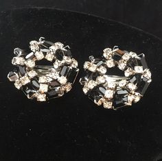 "Gorgeous sparkly earrings that are sure to get many compliments !   Earrings are 1\" across.   These are very high quality-very sturdy-clip functions well and stays sungly closed.   There is very minimal wear-a very slight amount may be seen with a loupe.  Unsigned.   Small square rhinestones are clear.   Baguette style beads are a glossy black.  Diameter 1.5\".  Very nice gift idea!" Rhinestone Round Earrings For Evening, Round Rhinestone Earrings For Evening, Evening Rhinestone Round Earrings, Evening Earrings With Bling, Round Bling Earrings For Evening, Bling Round Earrings For Evening, Bling Evening Earrings, Round Clip-on Earrings With Rhinestones For Party, Round Rhinestone Clip-on Earrings For Parties