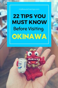 a hand holding a small toy with the words 22 tips you must know before visiting oknawa