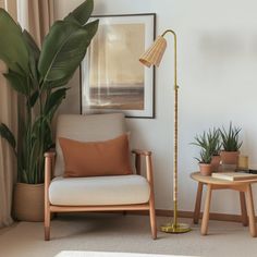 a living room scene with focus on the floor lamp and chair next to the window