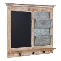 an old wooden cabinet with chalkboard and metal bins on the bottom, against a white background