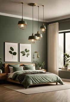 a bedroom with green walls and wooden floors