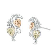 Perfect for any occasion, these sweet stud earrings from Black Hills Gold are a jewelry box must-have. Created in sterling silver, each fanciful earring showcases a sculpted vine glistening with a grape cluster and one each of a 12K green and rose gold leaf. Polished to a bright shine, these post earrings secure comfortably with friction backs. Black Hills Gold jewelry is manufactured in the Black Hills of South Dakota and keeps the traditional style from the 1870's of grape leaves, grape cluste Rose Gold Leaf, Black Hills Gold Jewelry, Black Hills Gold, Black Hills, Grape Leaves, Sterling Silver Earrings Studs, South Dakota, Gold Studs, Earring Backs