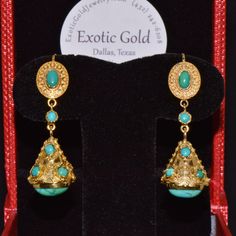 Gorgeous Italian Etruscan Revival 18k Solid Gold Dangle Drop Earrings. These Fob Pendant Earrings Feature A Stunning Textured, Beaded, Twisted Wire And Filigree Work Throughout Accented With Large Cabochon Turquoise Gems. The Design Is Very Fine, With Both Textured And High Shine Gold Finish Throughout. These Earrings Are Set With 18 Genuine Natural Turquoise Gems With A Gorgeous Sky Blue / Greenish Blue Color. Very Unique Gold And Blue Color Combination. These Earrings Are Made Of Solid 18k Yel Greenish Blue Color, Blue Color Combinations, Turquoise Dangle Earrings, Yellow Gold Color, Turquoise Earrings Dangle, Gold And Blue, Twisted Wire, Greenish Blue, Gilded Age