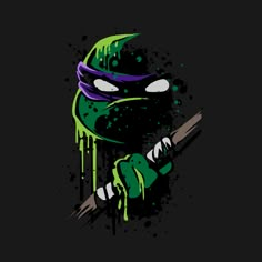 the teenaged ninja turtle is holding a broom and wearing a purple hat with green splots on it