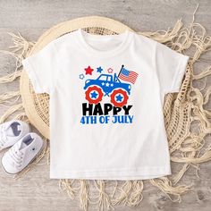 This toddler happy 4th of July shirt is perfect for everyday wear or at the Independence Day parade. This super comfy and stylish short-sleeve t-shirt is 100% pre-shrunk cotton. The t-shirt is soft, durable, and bound to become your toddler's favorite outfit. Perfect shirt for your toddler to wear on the Fourth of July and beyond. Design is printed on a top award winning direct to garment printer. More great toddler t-shirts:  https://etsy.me/3IFHIgU GARMENT FEATURES * 5.3 oz. 100% preshrunk cot Casual T-shirt For 4th Of July Birthday, Casual 4th Of July Birthday T-shirt, Fun Cotton Shirt For Independence Day, Fun Independence Day Cotton Shirt, Independence Day Graphic Print Birthday Top, Cute 4th Of July Birthday T-shirt, Playful White T-shirt For 4th Of July, Patriotic Tops For 4th Of July Birthday, Playful Crew Neck T-shirt For 4th Of July