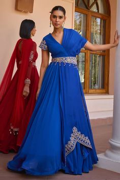 Blue layered anarkali with tilla, dori, pearl, handmade tassels, brass sequins and beaded embroidered sleeves. Comes with a dupatta and a belt. - Aza Fashions Anarkali Gown With Dupatta, Isha Gupta, Anarkali With Dupatta, Gown With Dupatta, Embroidered Belt, Indian Wedding Wear, Embroidered Sleeves, Anarkali Gown, Guest Attire