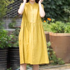 100%-linen-women-Dresses-summer-spring-women-dresses-waist-belt (6) Plain Linen Summer Dress, Spring Solid Color Knee-length Linen Dress, Casual Solid Linen Summer Dress, Spring Knee-length Solid Linen Dress, Solid Color Linen Summer Dress For Daywear, Summer Linen Pleated Dress, Plain Linen Dress For Spring, Casual Plain Linen Summer Dress, Yellow Relaxed Fit Dress For Summer