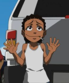 an animated image of a woman holding her hands up in front of a van with the door open