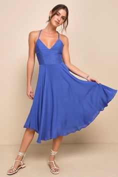 Troulos Royal Blue Lace-Up Midi Dress Elegant Flowy Dresses For Summer Parties, Blue Midi Length Summer Dress, Backless Midi Dress For Beach Season, Sundress For Brunch, Midi Length, Sundress Midi Length For Brunch, Brunch Sundress Midi Length, Blue Sundress For Beach Party, Blue Sundress Midi Dress For Party, Blue Sundress For Party