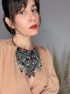 Boho Gemstone Bib Necklace, Hand Embroidery Necklace, Beaded Statement Chunky Necklace, Bohemian Tribal Necklace, Ruby Zoisite Bead Necklace Hand embroidery bib necklace for a special woman. ✴WOULD YOU LIKE TO HAVE A STRIKING ACCESSORY TO ELEVATE YOUR LOOK IN A SINGLE GESTURE? This accessory will add value to the casual, most neutral looks and also more elaborate compositions and allow them to be elevated to another level. This is a one-of-a-kind handcrafted piece that every confident and empowe Multicolor Beaded Bohemian Crystal Necklaces, Bohemian Multicolor Beaded Crystal Necklaces, Bohemian Beaded Choker Necklace, Bohemian Bib Necklace With Beaded Chain, Bohemian Bib Necklace With Round Beaded Chain, Bohemian Bib Necklace With Round Beads, Bohemian Green Crystal Necklace With Colorful Beads, Bohemian Adjustable Beaded Bib Necklace, Bohemian Adjustable Bib Necklace With Colorful Beads