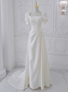 High-quality satin wedding bridal wedding dress white French light wedding dress sold by ivowedding on Storenvy Elegant Satin Wedding Ball Gown, White Satin Ball Gown Evening Dress, Bridesmaid Dress With Sweep Train For Wedding Prom Season, Satin Floor-length Bridesmaid Dress For Wedding, Satin Wedding Dress With Sweetheart Neckline For Prom, White Satin Ball Gown With Sweetheart Neckline, Bridesmaid Wedding Dress With Sweep Train And Fitted Bodice, Floor-length Satin Wedding Dress For Banquet, Wedding Evening Dress With Sweep Train In Satin