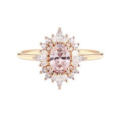 This stunning engagement ring is studded with certified lab grown diamonds. Crafted in 18K solid gold. Total Carat weight: 1.58 carats. Focal stone clarity options: VS1. Focal stone color: G. Center diamond carat weight: 1.00 carats. Focal stone cut: Excellent. Side diamonds weight: 0.58 carats. Side diamonds clarity and color: VS, G. Customizable in metals of choice. Band width: 1.4 mm. Designed in Austin, Texas. Looking for more diamond options? We have more than 10000 diamond options availabl Pink Oval Engagement Ring, Pink Engagement Rings, Vienna Art, Engagement Ring Pink, Art Deco Engagement Rings, Pink Diamonds Engagement, Sunburst Ring, Pink Engagement, Pink Diamond Engagement Ring