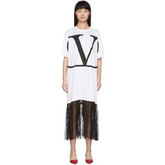 Valentino: White VLogo Lace Dress | SSENSE Designer Maxi Length Summer Dresses, Luxury Short Sleeve Mini Dress For Evening, Designer Maxi Dress For Spring, Designer Knee-length Summer Dress, Designer Spring Daywear Dresses, Designer Midi-length Dresses, Designer Midi Length Dresses, Designer Summer Dresses For Daywear, Luxury Midi Length Daywear Dresses