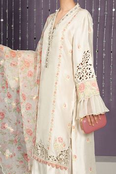 Silk Pakistani Dress, Pakistani Dresses Online, Raw Silk Fabric, Embellished Neckline, Maria B, Pakistani Dress, Fabric Embroidery, Silk Trousers, Organza Dupatta